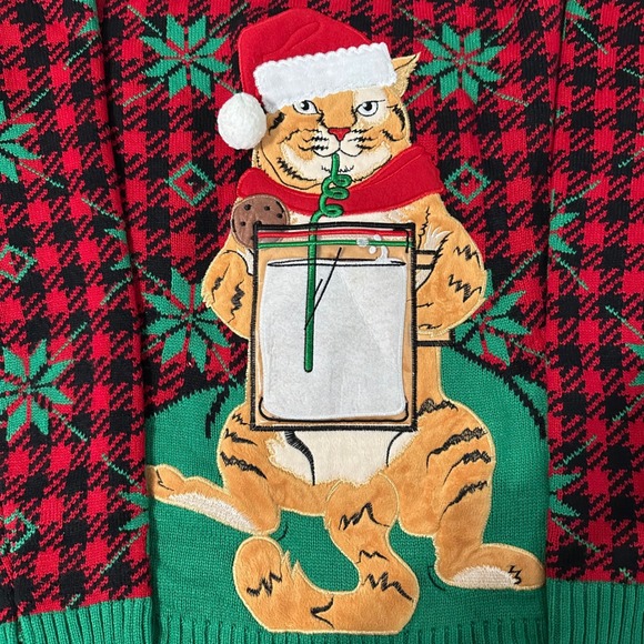Celebrate Together Ugly Christmas Sweater Cat Santa Milk Cookie XL - Picture 2 of 7
